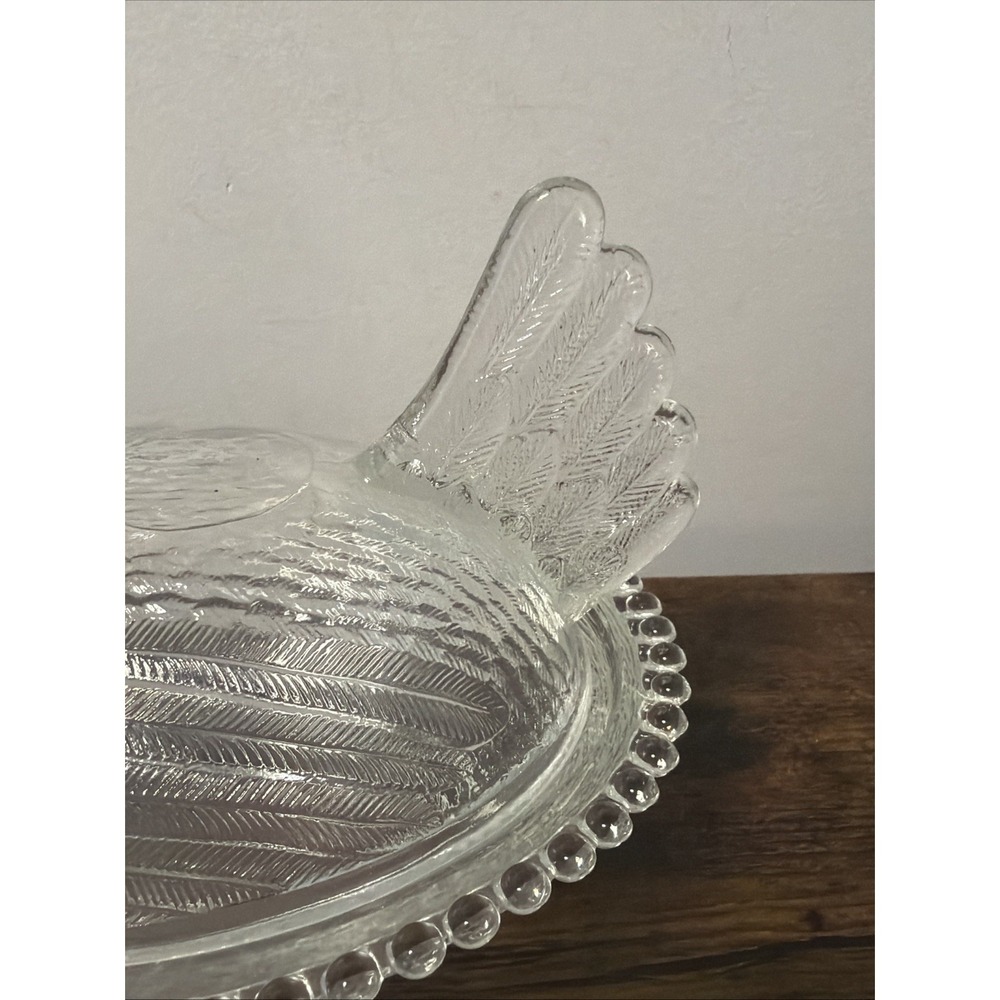 VTG Indiana Glass Oval "Hen On Nest" Covered Dish w/Beaded Edge 7 in, CLEAR - Picture 4 of 8